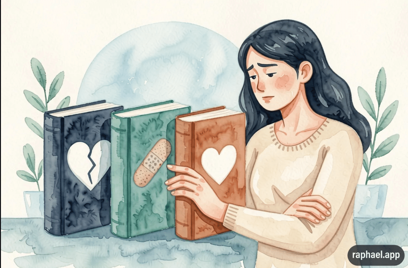 Woman with books on emotions.