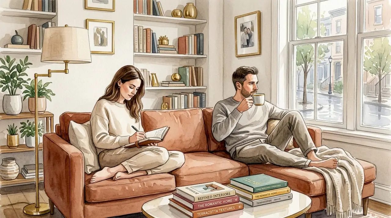 Couple quietly reflecting in sunlit living room