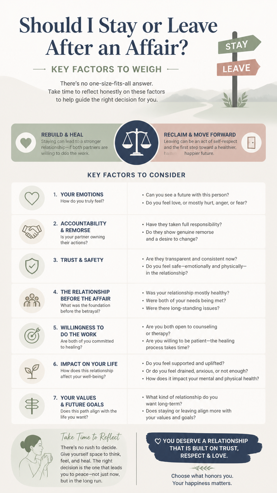 A guide exploring the decision factors after an affair, helping you weigh your partner's accountability and your own values. This resource supports thoughtful reflection when considering leaving after an affair.