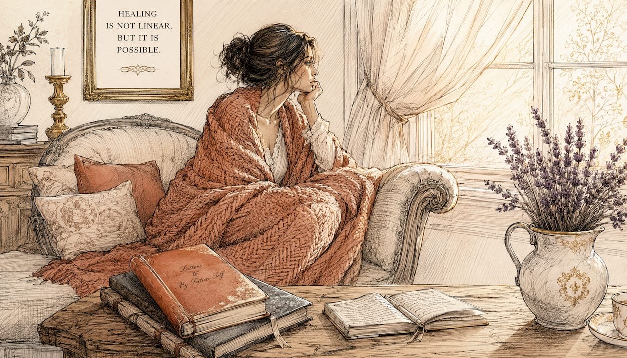 Woman reflecting quietly in soft watercolor style