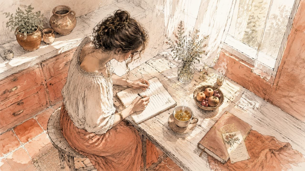 Watercolor style showing woman reflecting in living room