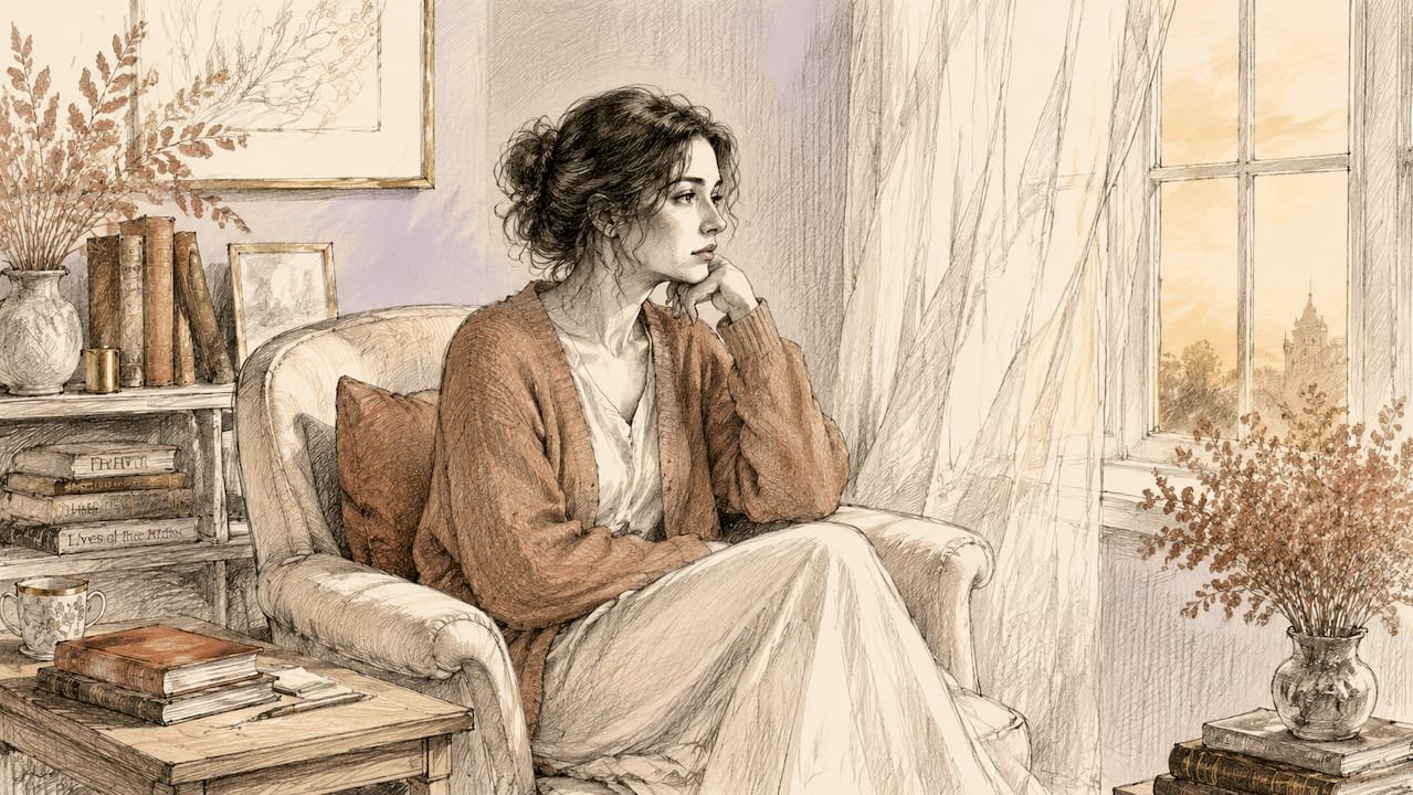 Watercolor woman in distress on couch