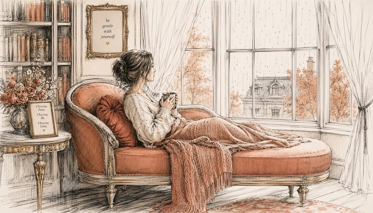 Woman calmly recovering by window with cup