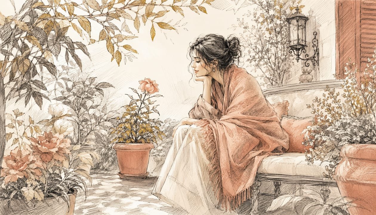 Watercolor-style woman in recovery, sitting contemplatively