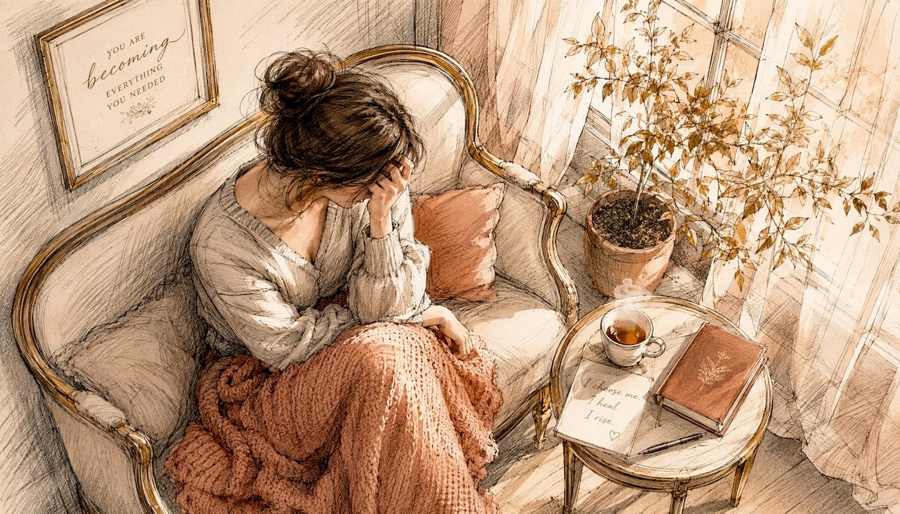 Watercolor woman in distress on sofa