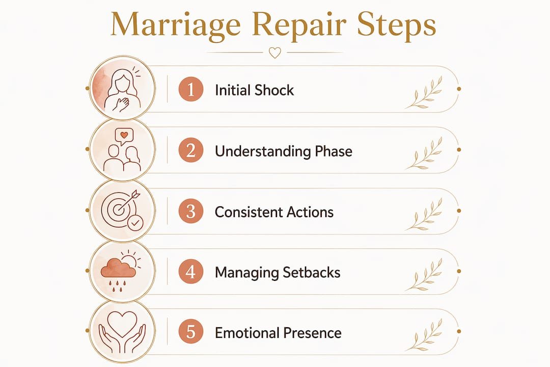 Restoring Love: How to Heal Your Marriage After Betrayal 1 Infographic showing marriage repair roadmap steps