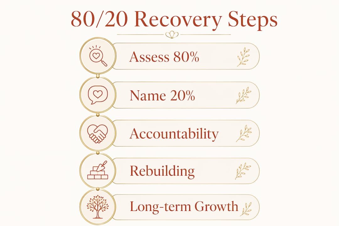Infographic displaying five recovery steps for infidelity 80/20 rule