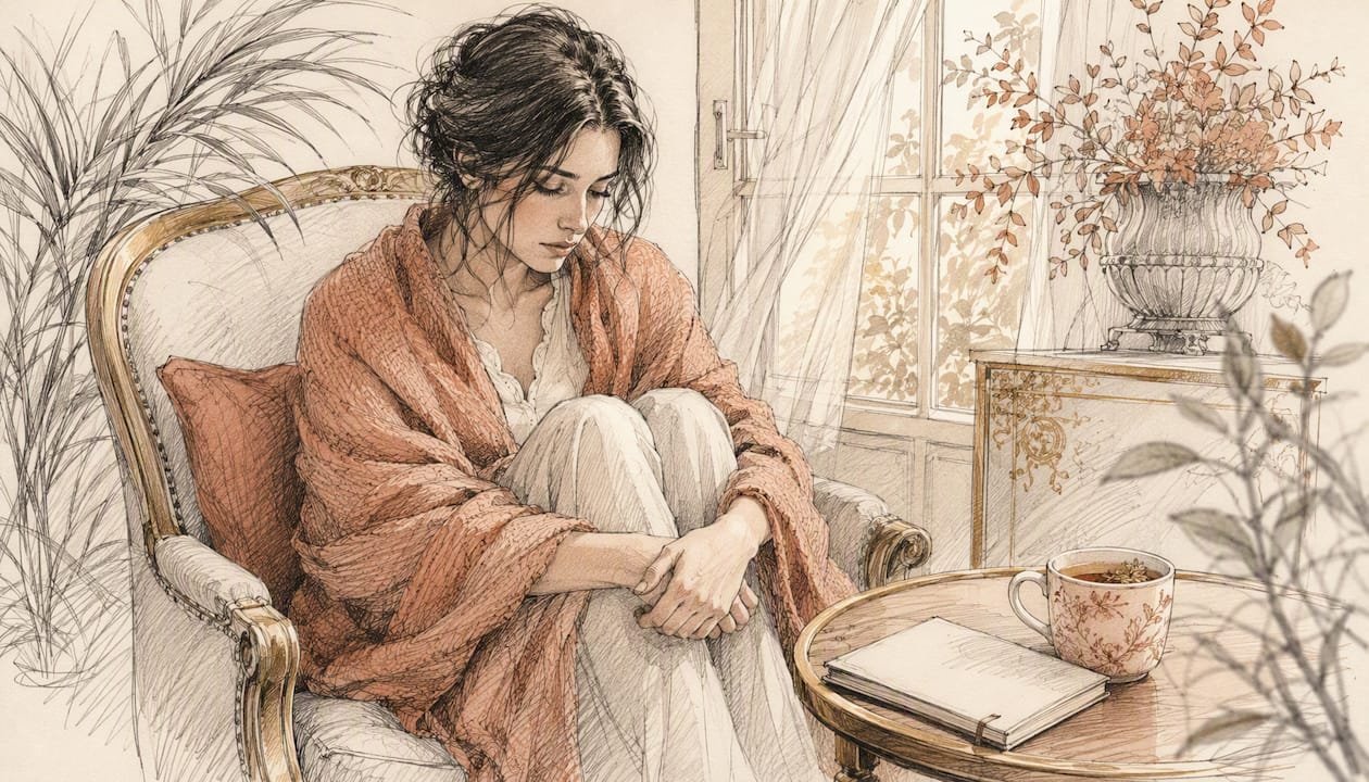 Watercolor painting of woman in distress sitting quietly