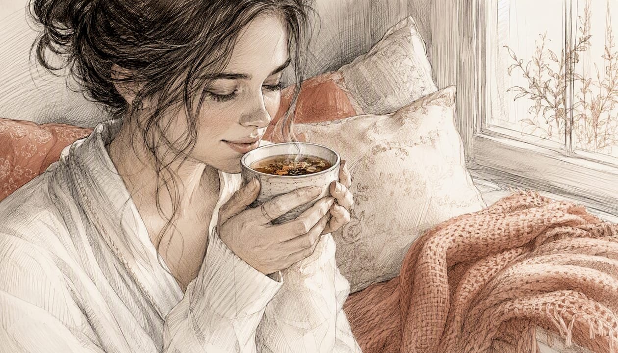 Acute Betrayal Shock: Recognizing the Signs and How to Navigate Your Emotions 2 Watercolor of woman pouring tea in calming home setting