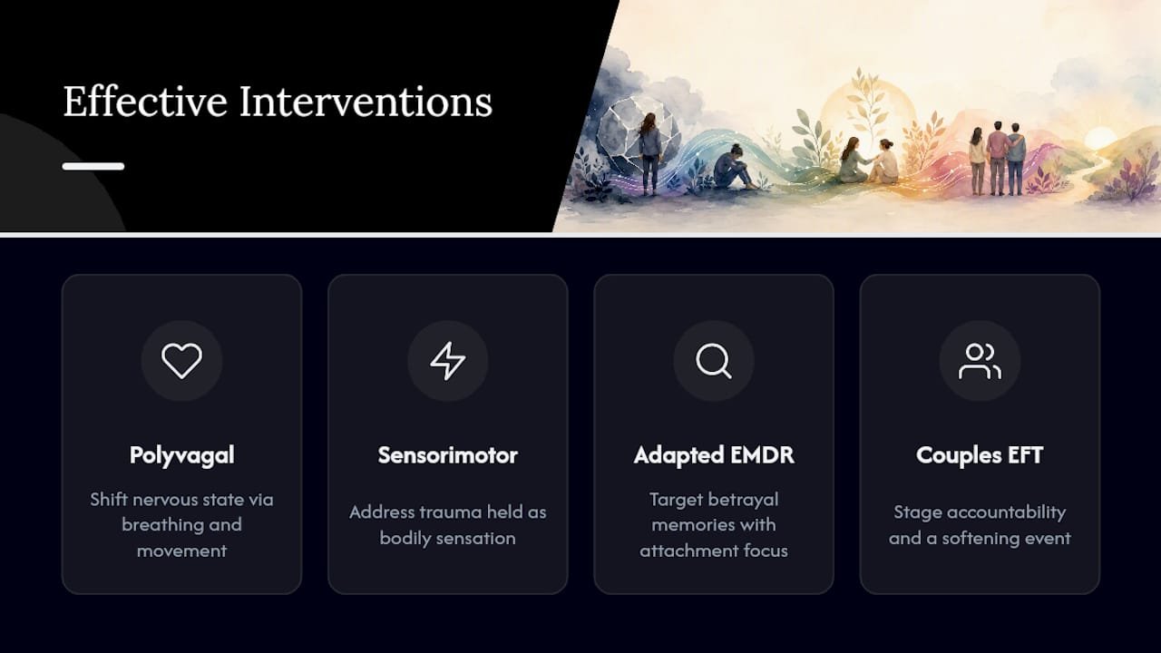 Betrayal Trauma Frameworks for Clinicians and Survivors 2 Which Interventions Actually Work Inside These Frameworks? — overview diagram