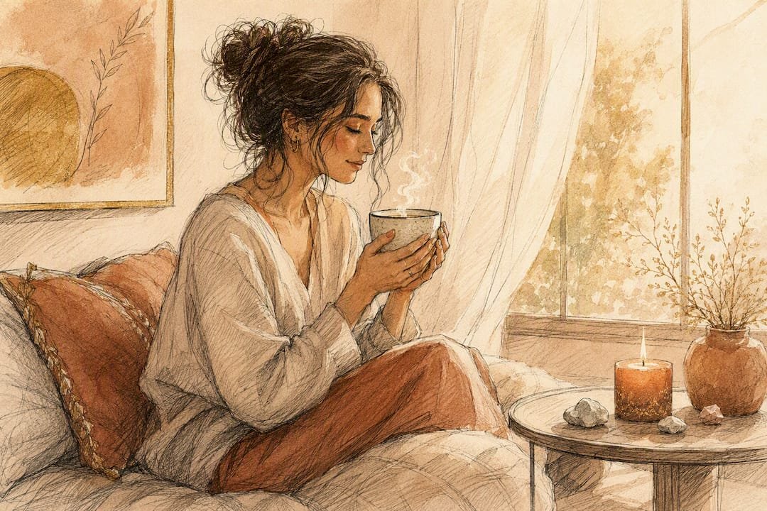 Watercolor painting of woman reflecting with warm drink