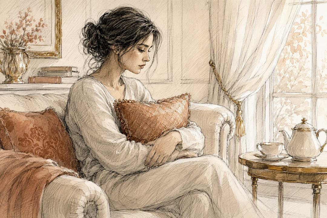 Woman sitting withdrawn holding blanket