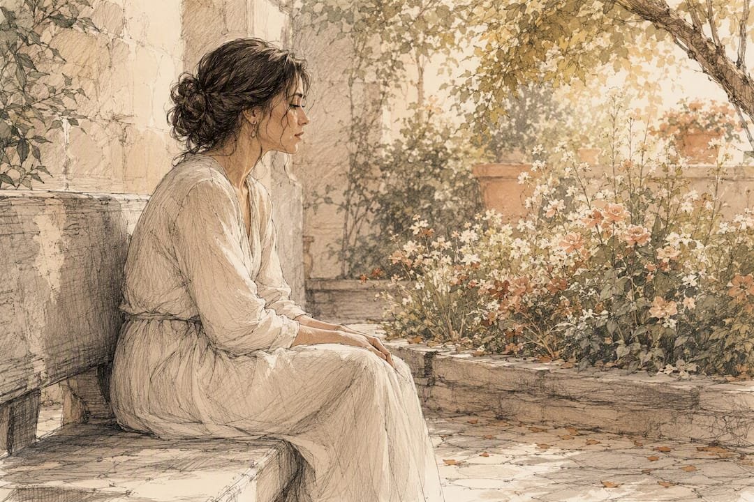 Woman sitting alone in quiet garden