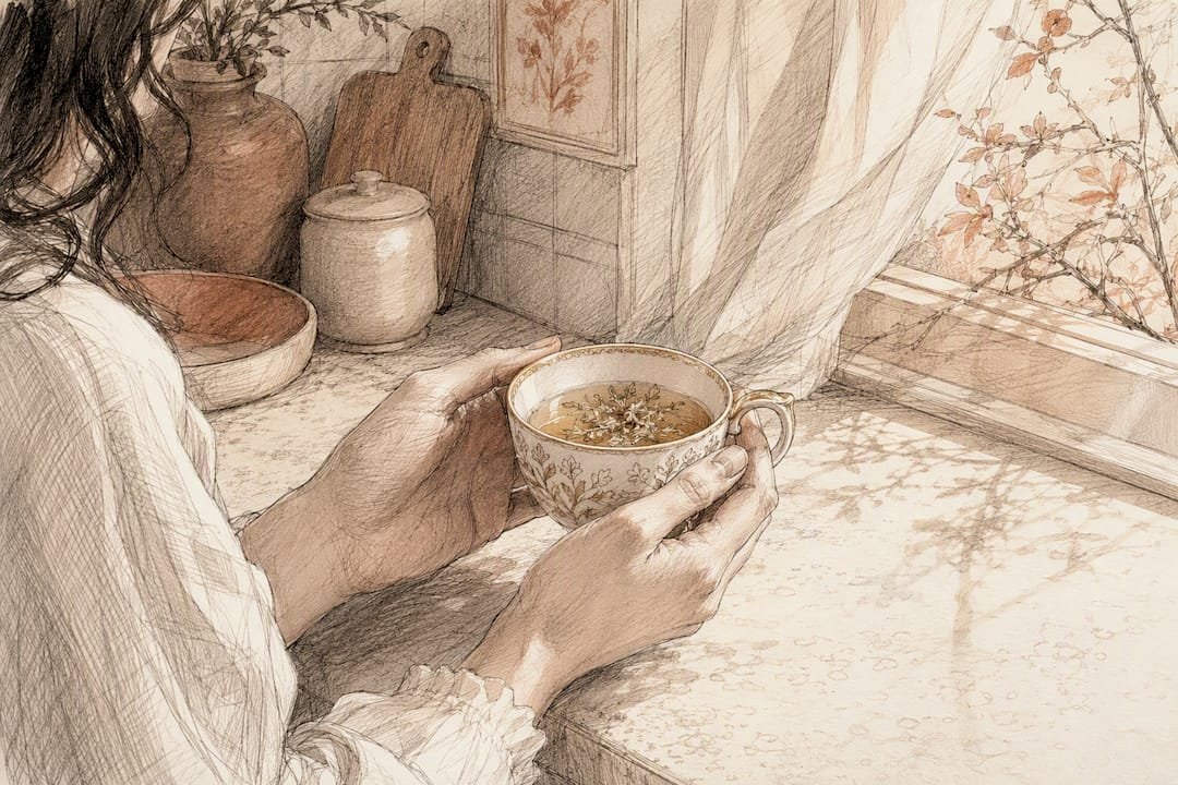 Hands holding tea cup in soft pastel room