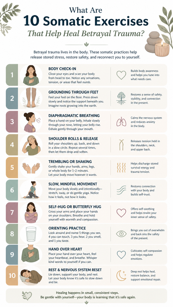 what are 10 somatic exercises that help heal betrayal trauma