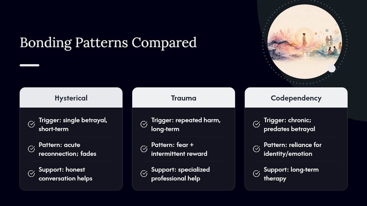 48 to 72 Hours After Betrayal: Hysterical Bonding as a Recovery Signal 3 Comparison of three bonding and dependency patterns