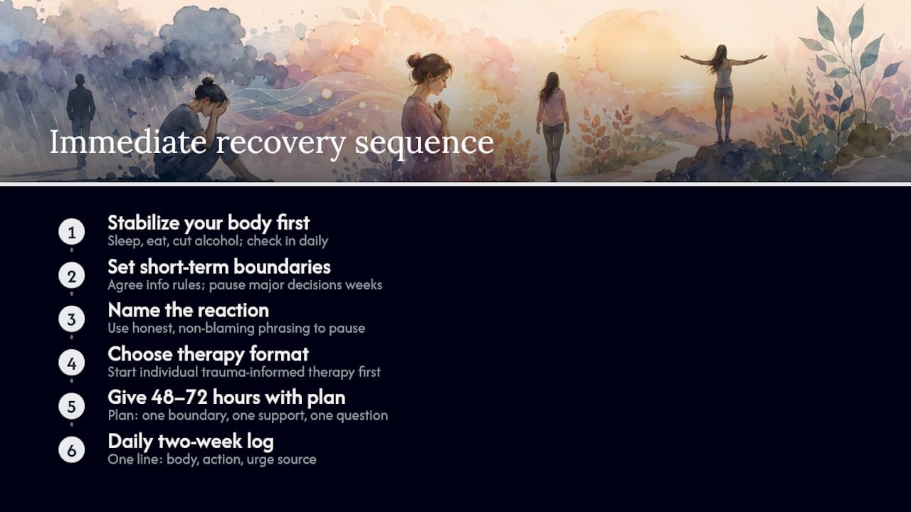 48 to 72 Hours After Betrayal: Hysterical Bonding as a Recovery Signal 2 What to Do Right Now: Self-Care, Boundaries, and Getting Help — overview diagram