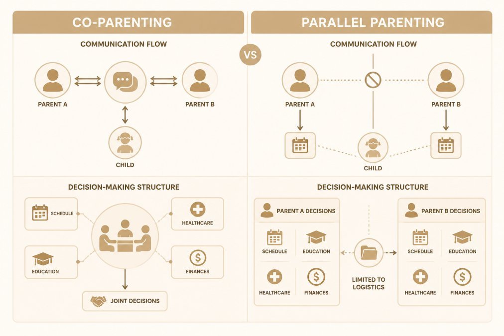 What Is Parallel Parenting and When Do Courts Approve It? 1 Side-by-side comparison diagram contrasting the communication flow and decision-making structure in co-parenting versus parallel parenting models