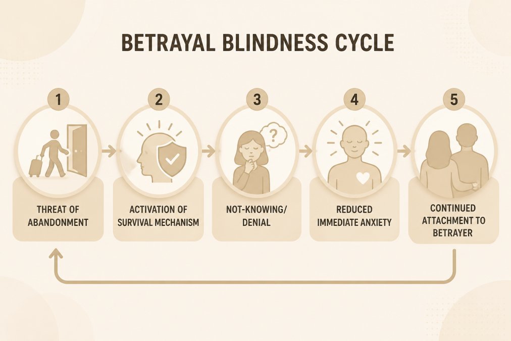 Flowchart showing the betrayal blindness cycle: Threat of abandonment → Activation of survival mechanism → Not-knowing/denial → Reduced immediate anxiety → Continued attachment to betrayer