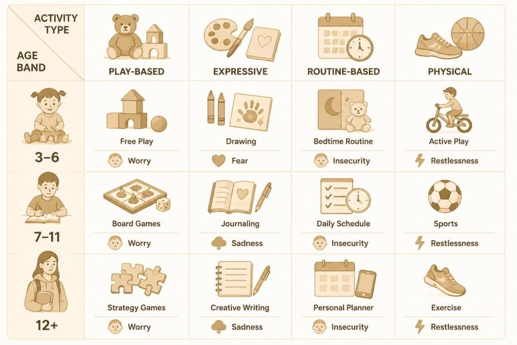 Matrix mapping age bands 3-6, 7-11, and 12+ against activity types (play-based, expressive, routine-based, physical), showing which activities suit each age and which anxiety symptom each targets