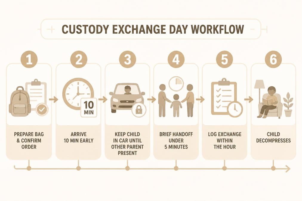 Best Practices for Court Ordered Custody Exchanges 1 Flowchart showing custody exchange day workflow: Prepare bag and confirm order → Arrive 10 min early → Keep child in car until other parent present → Brief handoff under 5 minutes → Log exchange within the hour → Child decompresses