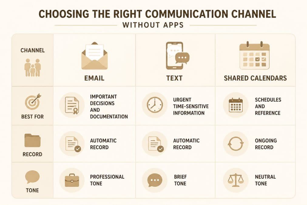 Decision matrix comparing email, text, and shared documents: email best for important decisions and documentation with automatic record and professional tone; text best for urgent time-sensitive information with automatic record and brief tone; shared calendars best for schedules and reference with ongoing record and neutral tone
