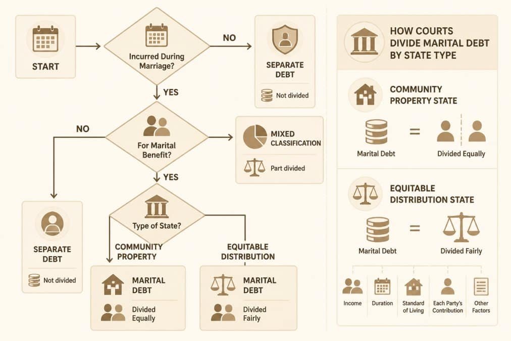 Flowchart showing debt classification decision tree: Is debt incurred during marriage? Was it for marital benefit? Community property state or equitable distribution state? Courts examine several factors when classifying and allocating debt: - **Who incurred the debt?** Did one or both spouses sign? - **When was it incurred?** Before, during, or after the marriage? - **What was it for?** Family benefit, one person's benefit, or unclear? - **Who benefited?** Did both spouses gain? - **Current finances?** Can both spouses afford to pay? A mortgage on the marital home is almost always marital debt, even if only one spouse signed the note, as are credit card debt for family vacations and a car loan for a vehicle both spouses used. :::warning Courts can order one spouse to pay a debt in the spouse's name, but creditors are not bound by the divorce decree. If your ex's name is on the account and they don't pay, creditors can pursue you. You remain liable until the debt is refinanced or paid off. ::: ## Who Is Responsible for Debt After Divorce Responsibility and legal liability are different. The divorce decree assigns who should pay, but creditors follow the original loan agreement, not the court order. If your name is on the account, you remain legally responsible to the creditor even if the decree says your ex should pay, true for credit cards, auto loans, mortgages, and any joint obligation. Your agreement can require your ex to indemnify you, pay and hold you harmless, but enforcement requires going back to court. Many people end up paying debts their ex was supposed to handle because the creditor doesn't recognize the decree. The solution is removing your name from accounts. Until you remove your name, the debt affects your credit score and your ability to borrow. Lenders see you as responsible for the full amount, regardless of what the divorce decree says. :::takeaway Your divorce decree protects you against your ex in family court. It does not protect you against creditors. Refinancing debts into one spouse's name is the only way to fully separate your financial obligations. ::: ## Creating a Divorce Debt Settlement Agreement A strong debt settlement agreement is specific, realistic, and protects both spouses. It goes beyond "you pay this, I pay that." It includes timelines, refinancing steps, and what happens if someone fails to pay. Start by listing every marital debt: - Creditor name and account number - Current balance - Interest rate - Monthly payment - Who will pay (spouse A or spouse B) - Timeline for payoff or refinancing - Who refinances the account into their name alone Assign clear responsibility for each debt. Include a deadline for refinancing joint accounts. Most financial advisors recommend 30 to 90 days after the divorce is final. Longer delays leave both spouses exposed to credit risk. Address what happens if someone doesn't pay. Also specify how you'll handle joint accounts during separation. Some couples freeze joint credit cards to prevent new charges; others split new charges 50/50. Document the agreement in writing, even if you're not yet divorced. Have an attorney review your settlement agreement before you sign. State law varies on what courts will enforce, and a good agreement prevents disputes later. ## Debt Division Divorce Examples: Common Scenarios Real situations show how debt division works in practice, depending on state law, the couple's finances, and the specific debts involved. **Scenario 1: Home with Mortgage and Home Equity Line of Credit** Sarah and Tom bought a house for $400,000 during their marriage. **Scenario 2: Credit Card Debt from Marital Spending** During the marriage, Mike and Jennifer accumulated $35,000 in credit card debt across four cards, two in each name, all for family expenses. In an equitable distribution state, the court might assign $17,500 to each spouse. **Scenario 3: Student Loan Debt** Alex took out $80,000 in student loans before marriage. During the 10-year marriage, Alex's earning capacity increased significantly because of the degree. The court might order Alex to pay the full loan but assign other assets to the spouse to offset the benefit. In other states, student loans remain separate debt entirely, regardless of when they were incurred or who benefited. ## How to Protect Your Credit During Divorce Your credit score takes a hit during divorce, especially if joint accounts remain open or debts go unpaid. Protecting it requires action before the divorce is final and after. **Before the divorce is final:** - Pull your credit report from all three bureaus (Equifax, Experian, TransUnion) ([Free Credit Reports